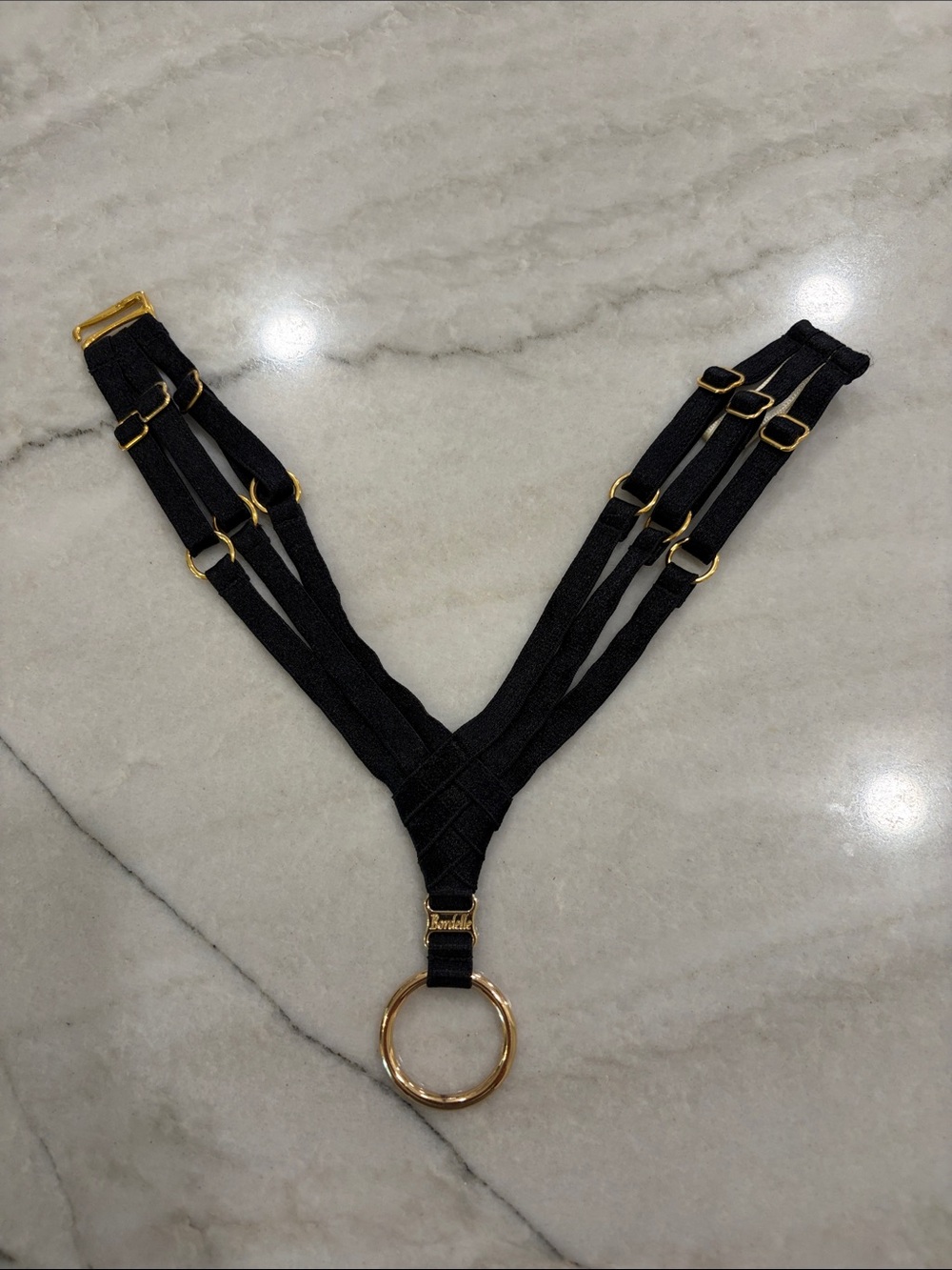 BORDELLE Black Multi-Strap 14k Gold plate Ring and hardware Choker necklace